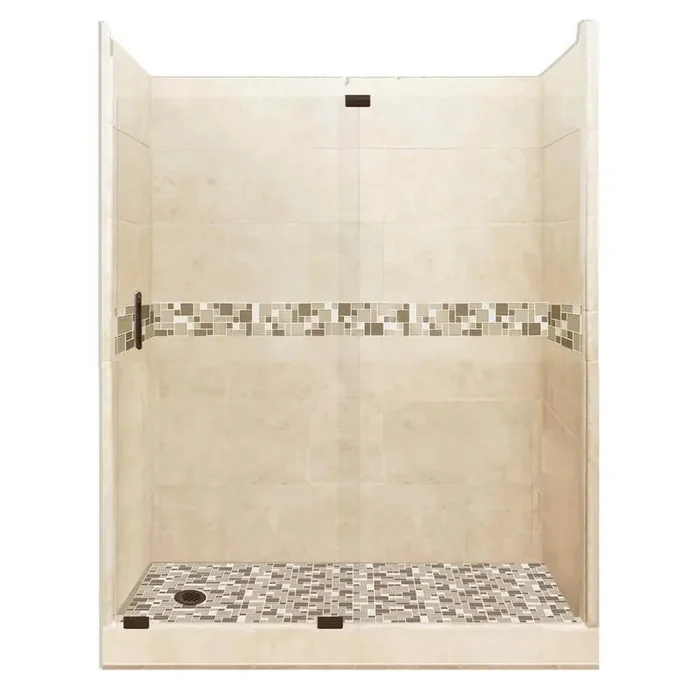 Tuscany Grand Slider 36 in. x 60 in. x 80 in. Left Drain Alcove Shower Kit in Desert Sand and Old Bronze Hardware