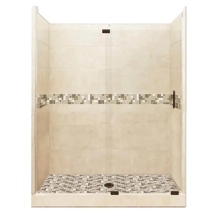 Tuscany Grand Slider 42 in. x 60 in. x 80 in. Center Drain Alcove Shower Kit in Desert Sand and Old Bronze Hardware