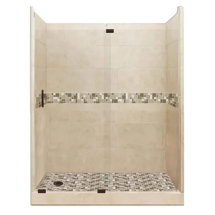 Tuscany Grand Slider 42 in. x 60 in. x 80 in. Left Drain Alcove Shower Kit in Brown Sugar and Old Bronze Hardware