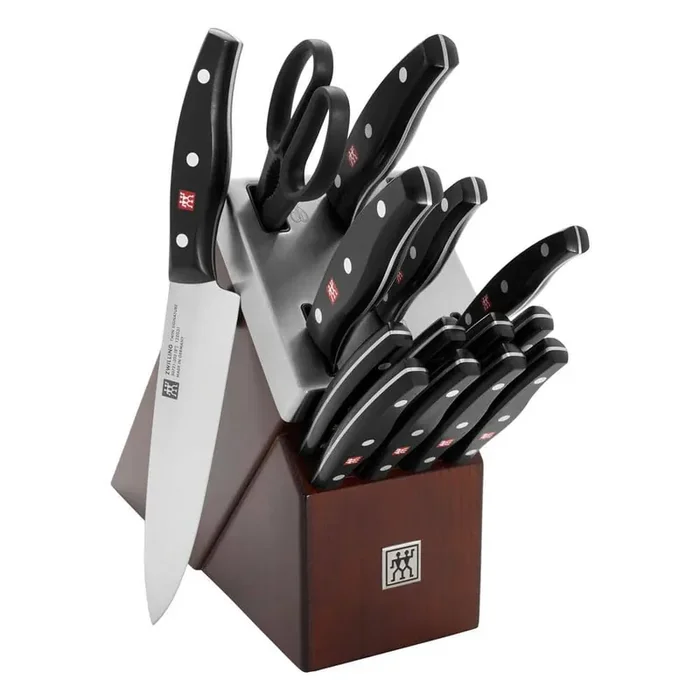 Twin Signature Stainless Steel 15-Piece Self-Sharpening Set with Brown Ash Wood Block