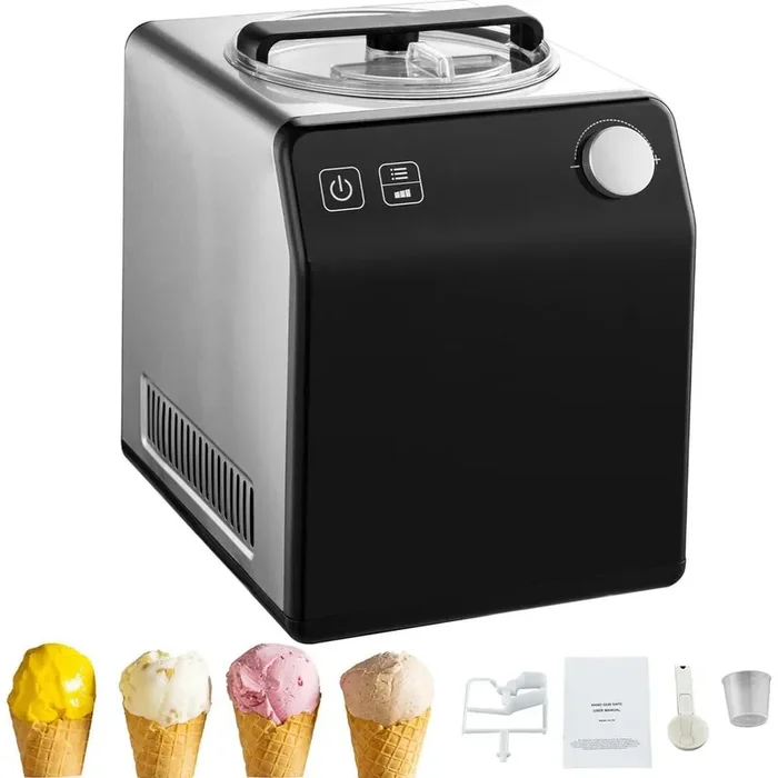Upright Automatic Ice Cream Maker, 2 qt. Silver No Pre-freezing, Stainless Steel Ice Cream Maker, Digital Display