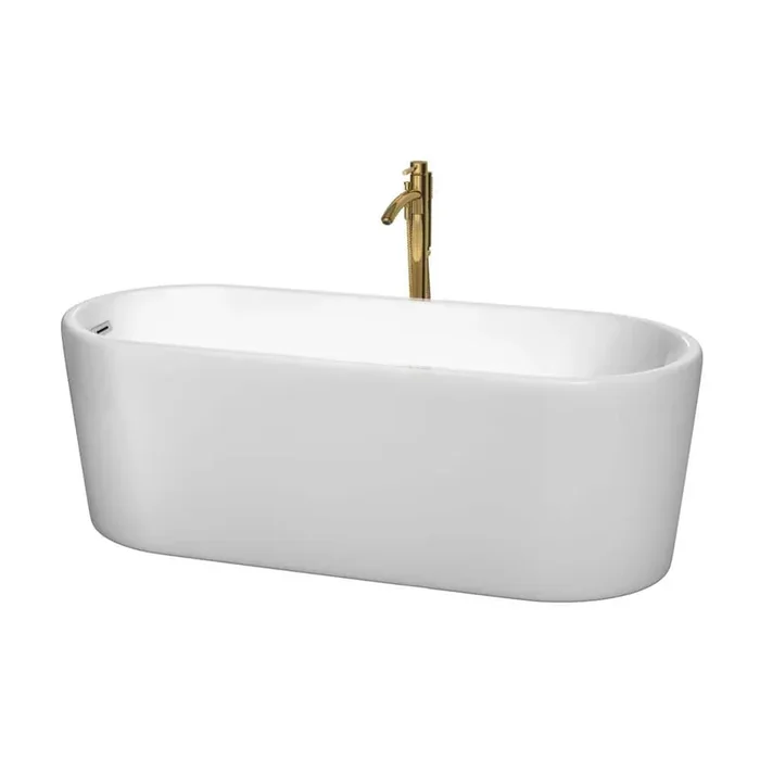 Ursula 67 in. Acrylic Flatbottom Bathtub in White with Polished Chrome Trim and Brushed Gold Faucet