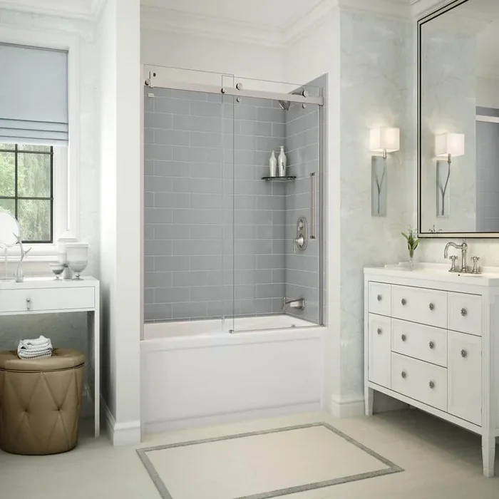 Utile Metro 30 in. x 59.8 in. x 81.4 in. Right Drain Alcove Bath and Shower Kit in Ash Grey, Brushed Nickel Shower Door