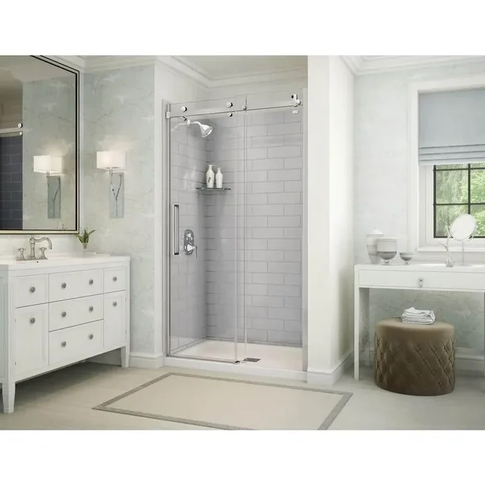 Utile Metro 32 in. x 48 in. x 83.5 in. Alcove Shower Stall in Soft Grey with Center Drain Base in White