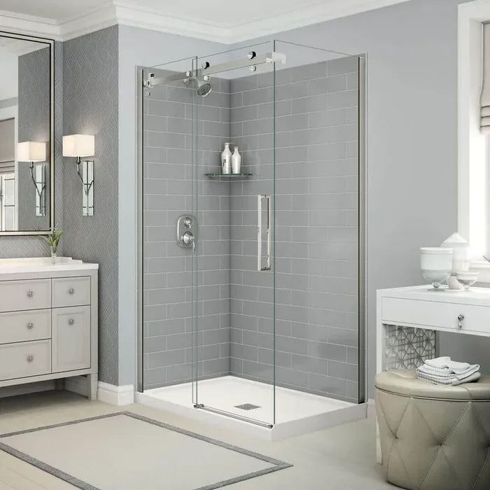 Utile Metro 32 in. x 48 in. x 83.5 in. Center Drain Corner Shower Kit in Ash Grey with Chrome Shower Door