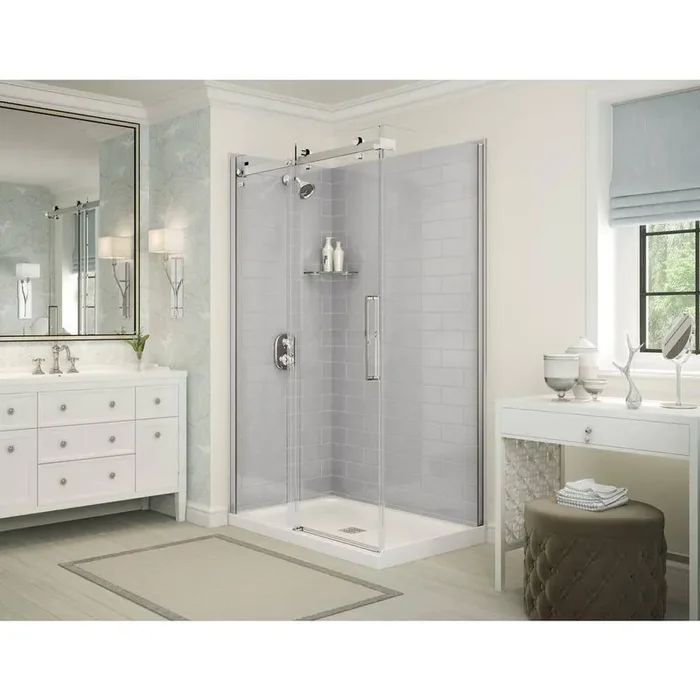 Utile Metro 32 in. x 48 in. x 83.5 in. Corner Shower Stall in Soft Grey with Center Drain Base in White