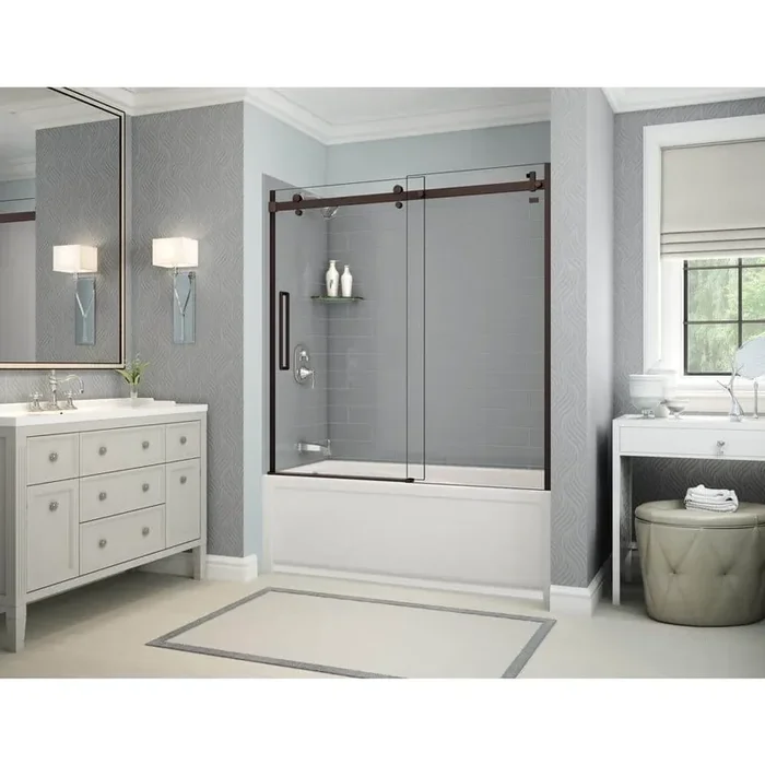 Utile Metro 32 in. x 60 in. x 81 in. Bath and Shower Combo in Ash Grey with New Town Left Drain, Halo Door Dark Bronze