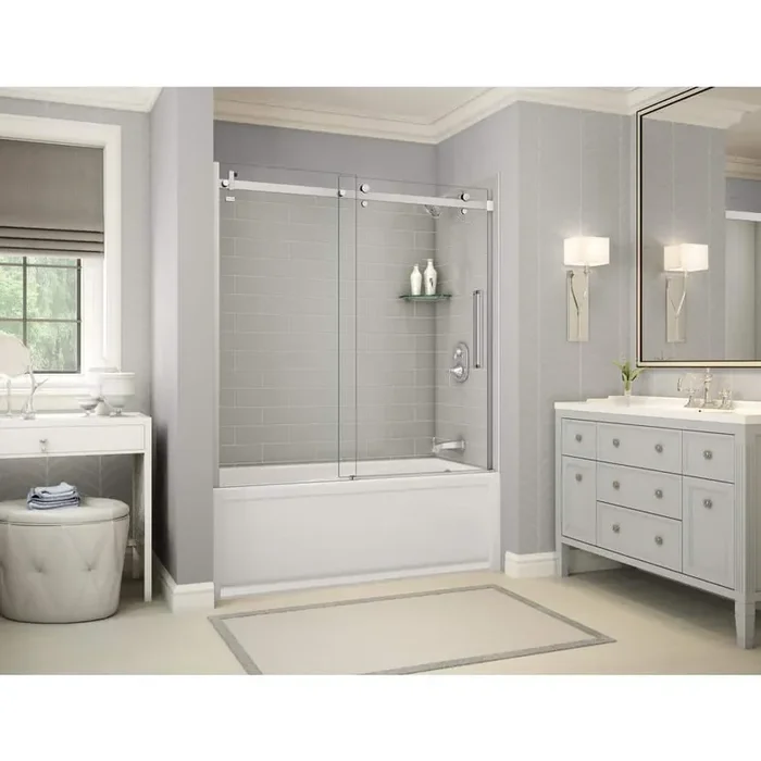 Utile Metro 32 in. x 60 in. x 81 in. Bath and Shower Combo in Soft Grey with New Town Right Drain, Halo Door Chrome
