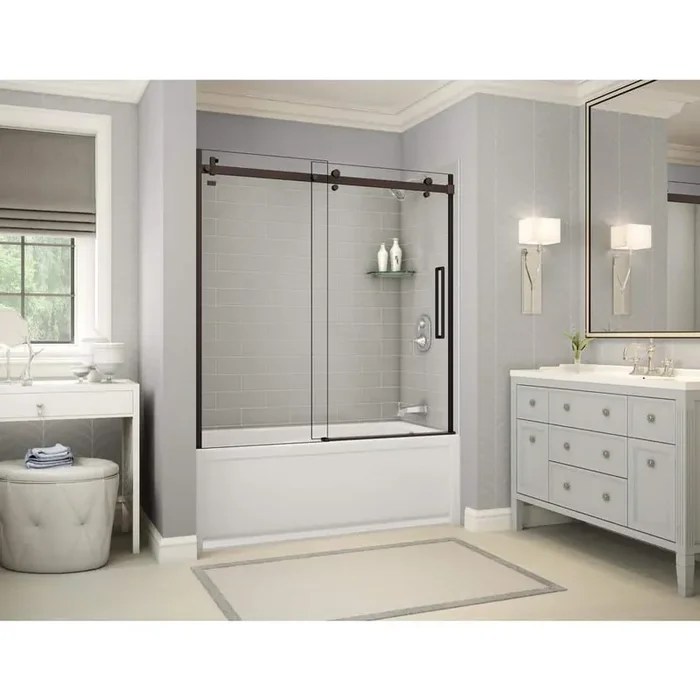 Utile Metro 32 in. x 60 in. x 81 in. Bath and Shower Combo in Soft Grey with New Town Right Drain, Halo Door Dark Bronze