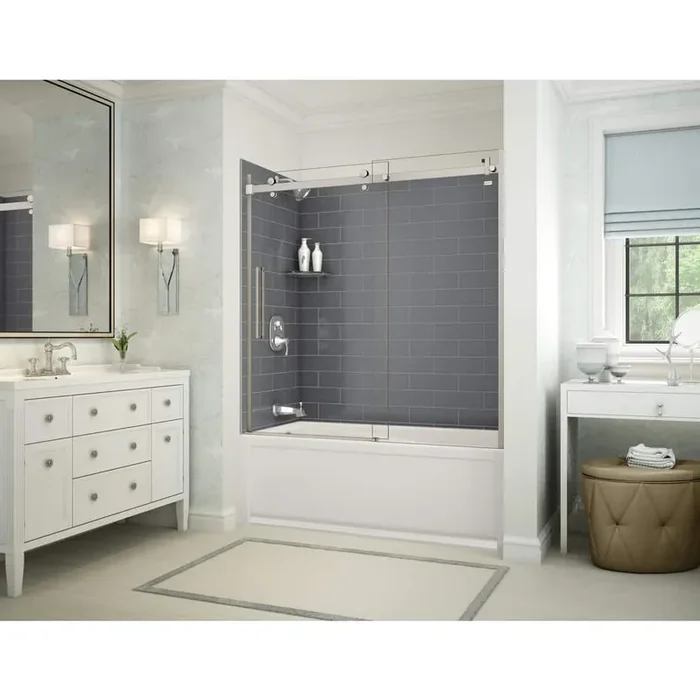 Utile Metro 32 in. x 60 in. x 81-in Bath and Shower Combo in Thunder Grey, New Town Left Drain, Halo Door Brushed Nickel