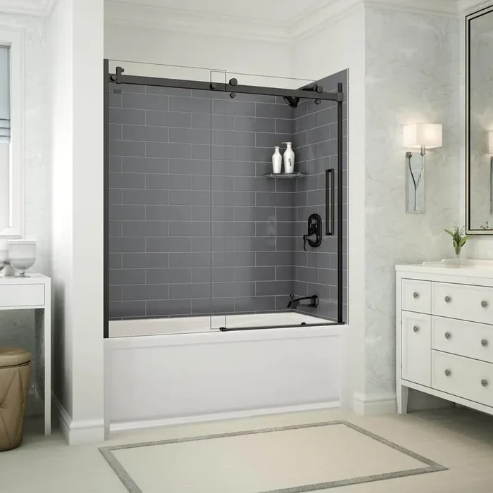 Utile Metro 32 in. x 60 in. x 81 in. Bath and Shower Combo in Thunder Grey, New Town Right Drain, Halo Door Matte Black