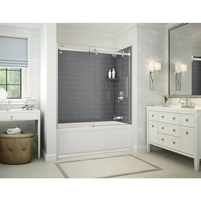 Utile Metro 32 in. x 60 in. x 81 in. Bath and Shower Combo in Thunder Grey, New Town Right Drain, Halo Door Chrome