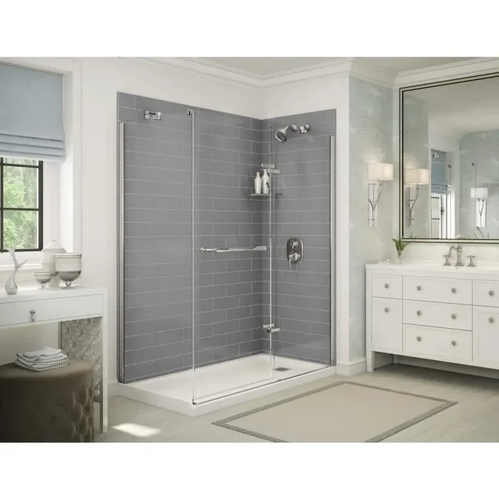 Utile Metro 32 in. x 60 in. x 83.5 in. Corner Shower Stall in Ash Grey with Right Drain Base in White