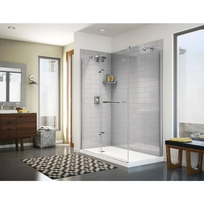 Utile Metro 32 in. x 60 in. x 83.5 in. Corner Shower Stall in Soft Grey with Left Drain Base in White
