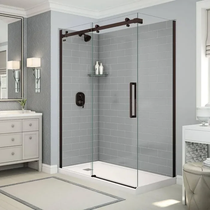 Utile Metro 32 in. x 60 in. x 83.5 in. Left Drain Corner Shower Kit in Ash Grey with Dark Bronze Shower Door