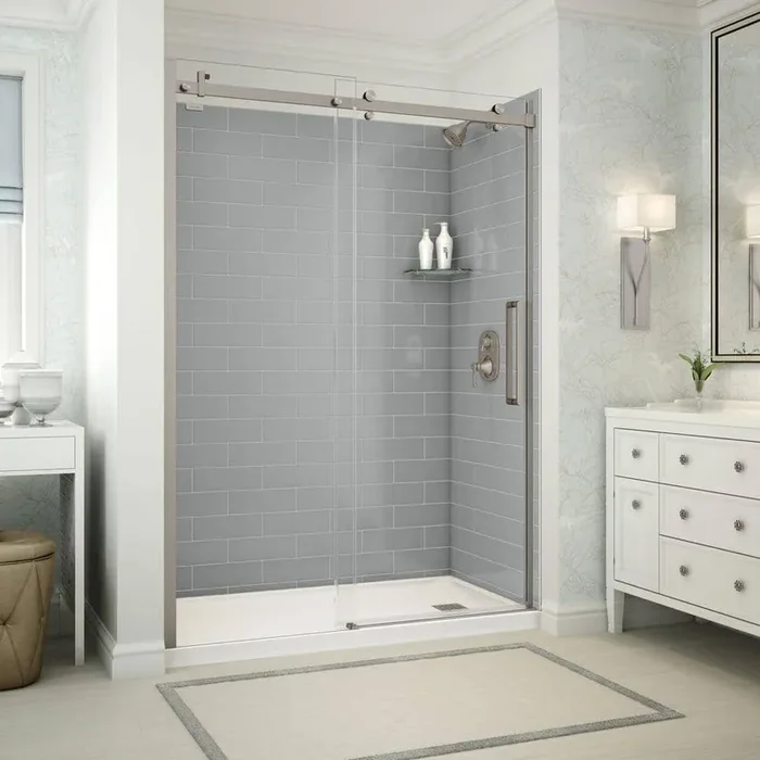 Utile Metro 32 in. x 60 in. x 83.5 in. Right Drain Alcove Shower Kit in Ash Grey with Brushed Nickel Shower Door