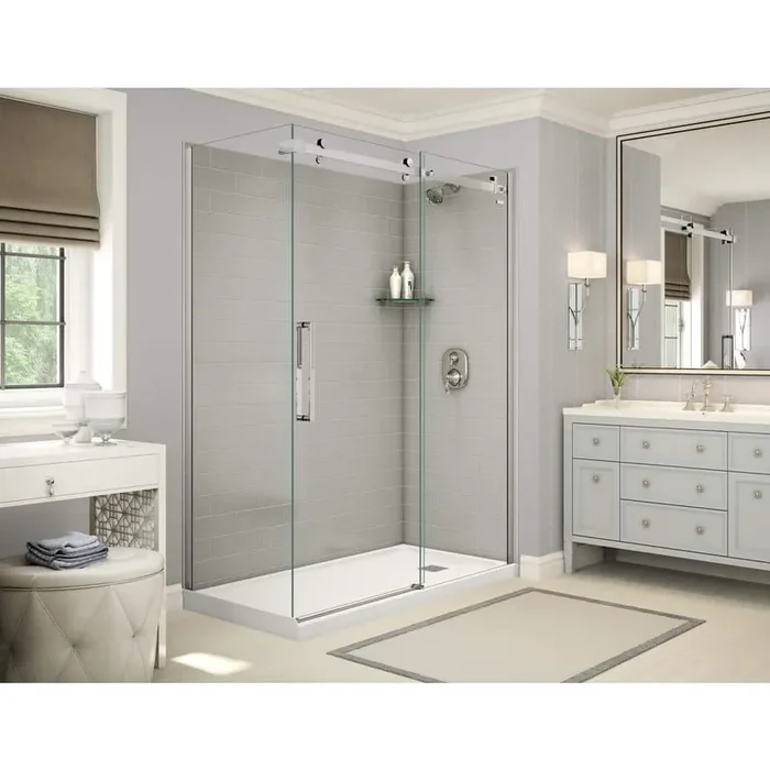 Utile Metro 32 in. x 60 in. x 83.5 in. Right Drain Corner Shower Kit in Soft Grey with Chrome Shower Door