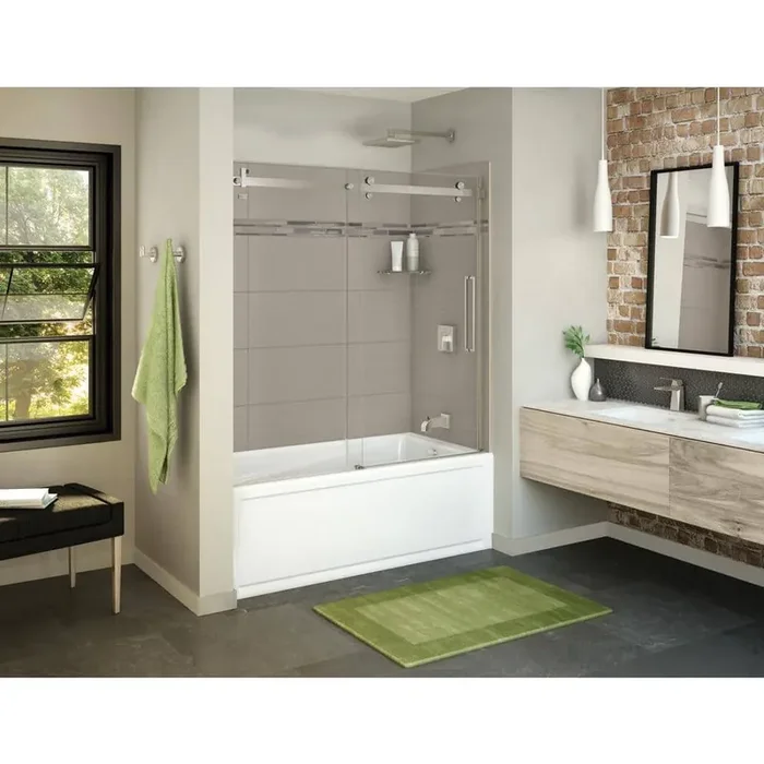 Utile Origin 30 in. x 59.8 in. x 81.4 in. Right Drain Alcove Bath and Shower Kit in Greige with Brushed Nickel Door