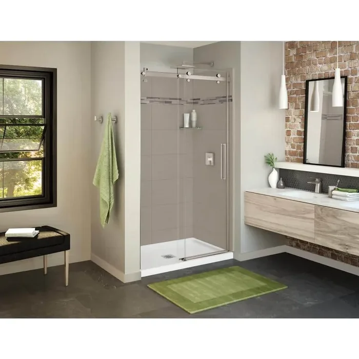 Utile Origin 32 in. x 48 in. x 83.5 in. Alcove Shower Stall in Greige with Center Drain Base in White