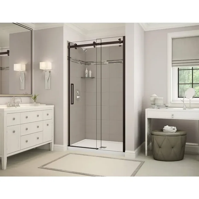 Utile Origin 32 in. x 48 in. x 83.5 in. Center Drain Alcove Shower Kit in Greige with Dark Bronze Shower Door