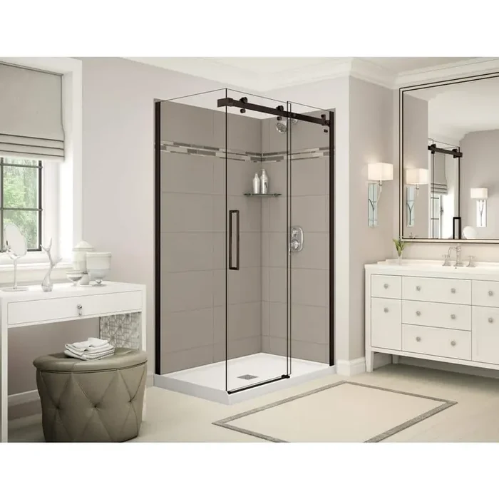 Utile Origin 32 in. x 48 in. x 83.5 in. Center Drain Corner Shower Kit in Greige with Dark Bronze Shower Door