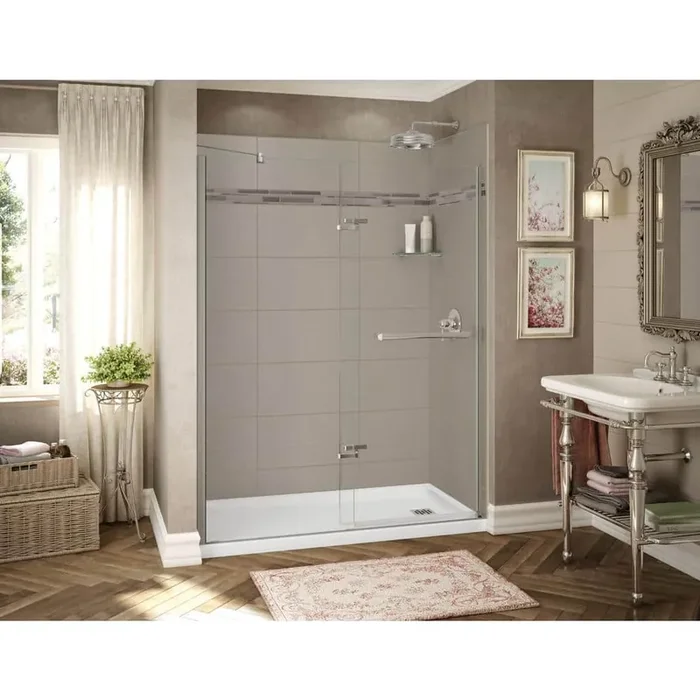 Utile Origin 32 in. x 60 in. x 83.5 in. Alcove Shower Stall in Greige with Right Drain Base in White