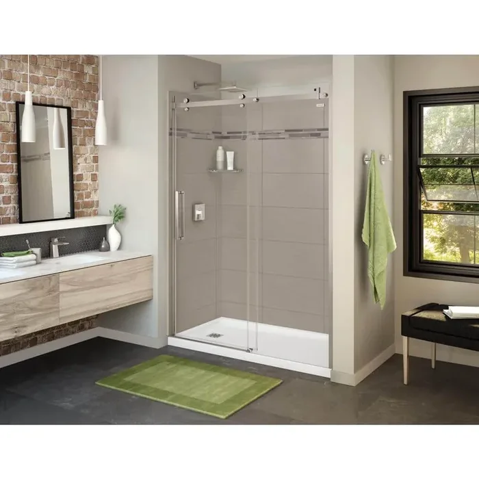 Utile Origin 32 in. x 60 in. x 83.5 in. Left Drain Alcove Shower Kit in Greige with Brushed Nickel Shower Door