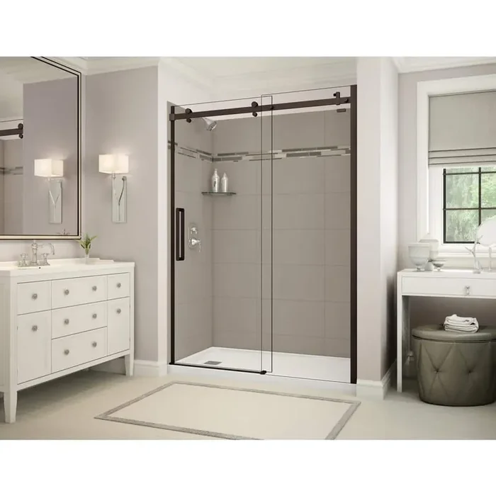 Utile Origin 32 in. x 60 in. x 83.5 in. Left Drain Alcove Shower Kit in Greige with Dark Bronze Shower Door