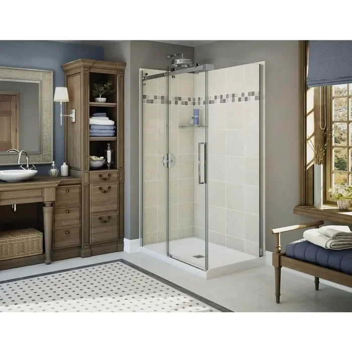 Utile Stone 32 in. x 48 in. x 83.5 in. Corner Shower Stall in Sahara with Center Drain Base in White