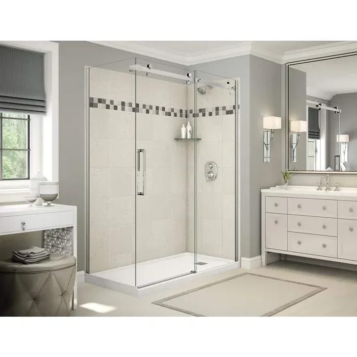 Utile Stone 32 in. x 60 in. x 83.5 in. Right Drain Corner Shower Kit in Sahara with Chrome Shower Door