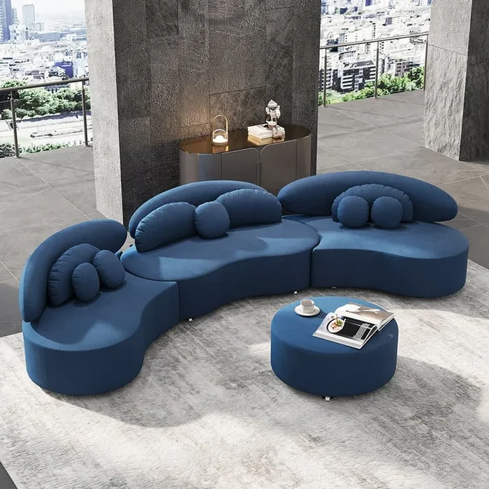 Velvet 4-Piece Sectional, Blue Modular Sofa with Ottoman for Large Living Room (145.7″)
