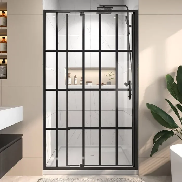 Victoria 38-42 in. W x 71 in. H Pivot Swing Framed Shower Door in Black Silkscreen with Clear SGCC Tempered Glass