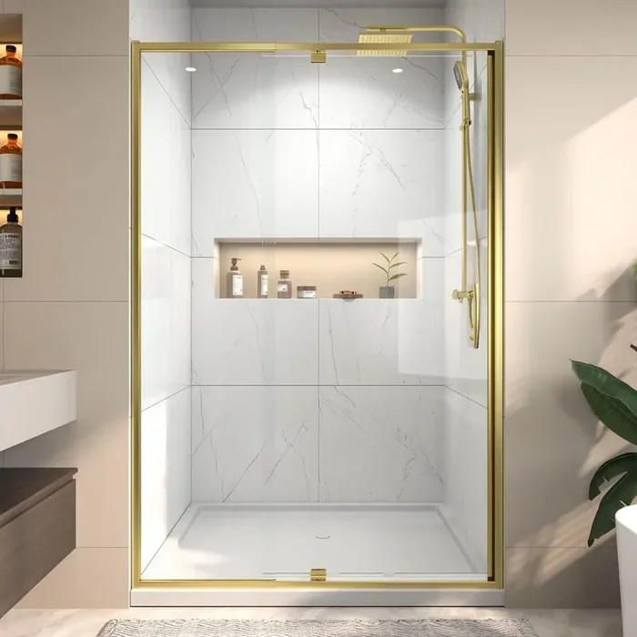 Victoria 44-48 in. W x 71 in. H Pivot Swing Framed Shower Door in Brushed Gold with Clear SGCC Tempered Glass