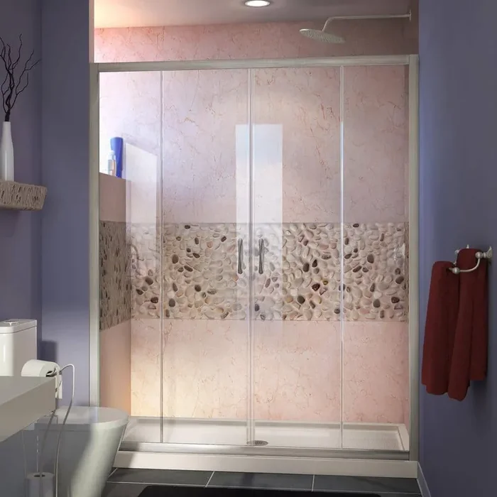 Visions 60 in. W x 36 in. D x 74-3/4 in. H Semi-Frameless Shower Door in Brushed Nickel with Biscuit Base Center Drain