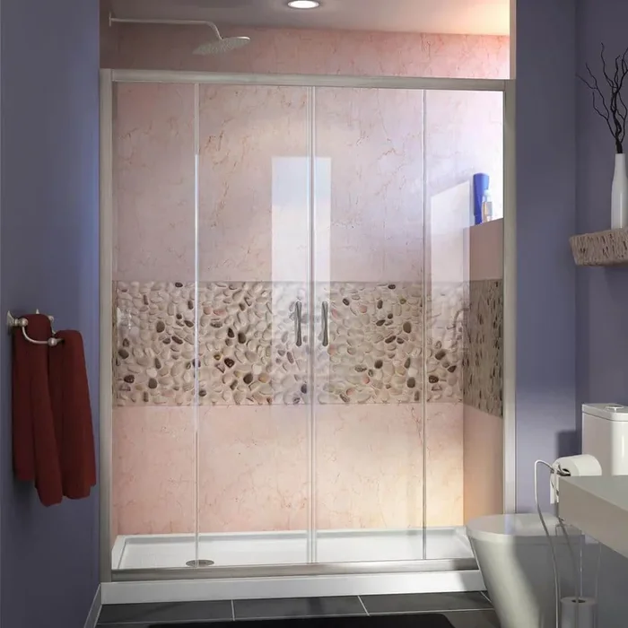 Visions 60 in. W x 36 in. D x 74-3/4 in. H Semi-Frameless Shower Door in Brushed Nickel with White Base Left Drain
