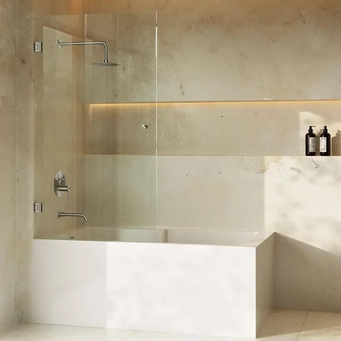 Voltaire 24 x 58 Frameless Fixed 3/8 in. (10 mm) Ultra Clear Tempered Glass Tub Door with Nickel Brushed Hardware