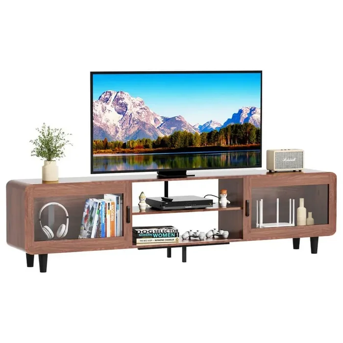 Walnut TV Stand Fits 55-70 in. TVs, with Power Outlets, Sliding Doors and Open Shelf for Living Room