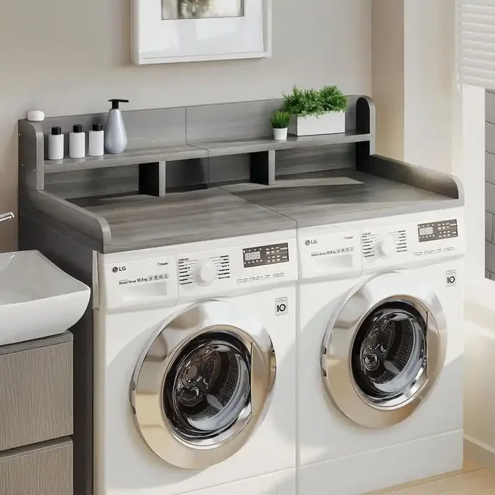 Washer Dryer Countertop with Non-Slip Pads, Laundry Wood Shelf Topper with Edge in Gray+White Matte