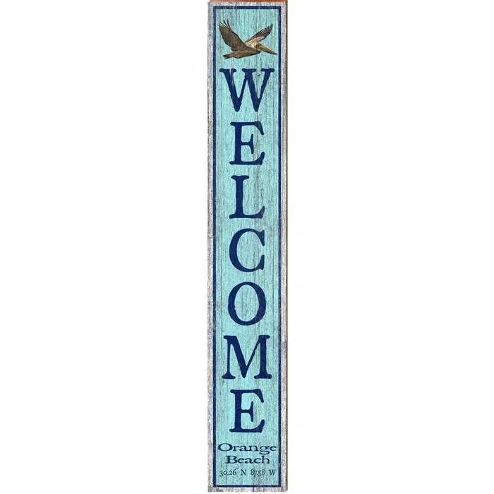 Welcome Orange Beach Pelican Blue Latitude Longitude | Wall Art Print on Real Wood