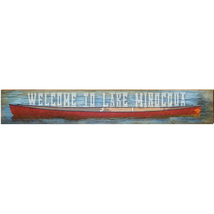 Welcome to Lake Minocqua Red Canoe | Wall Art Print on Real Wood