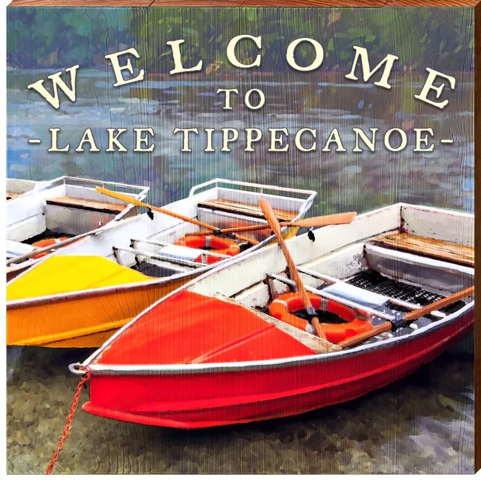 Welcome to Lake Tippecanoe Red Boat Home Decor Art Print on Real Wood