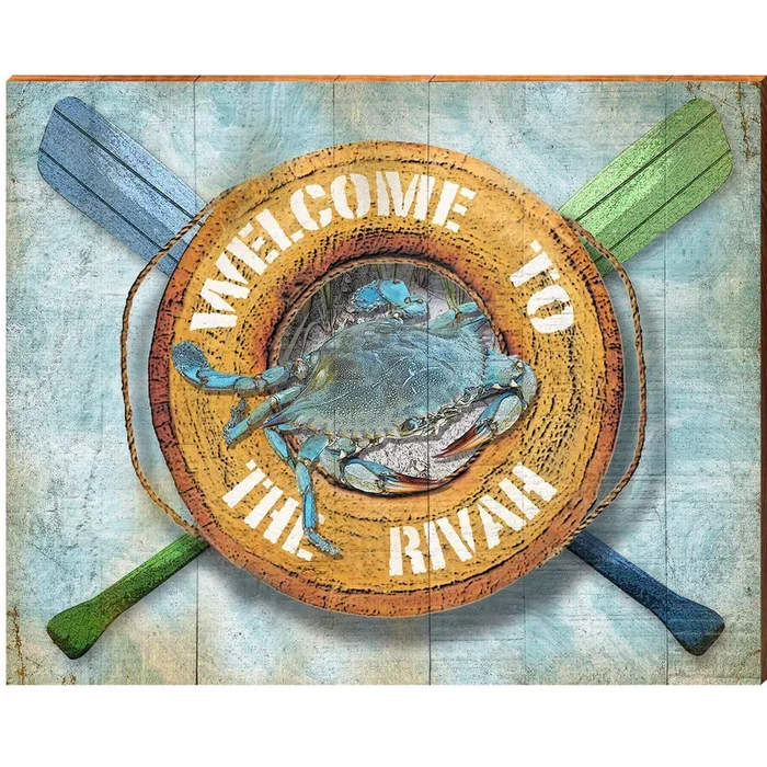 Welcome to the Rivah Blue Crab Life Ring | Wall Art Print on Real Wood