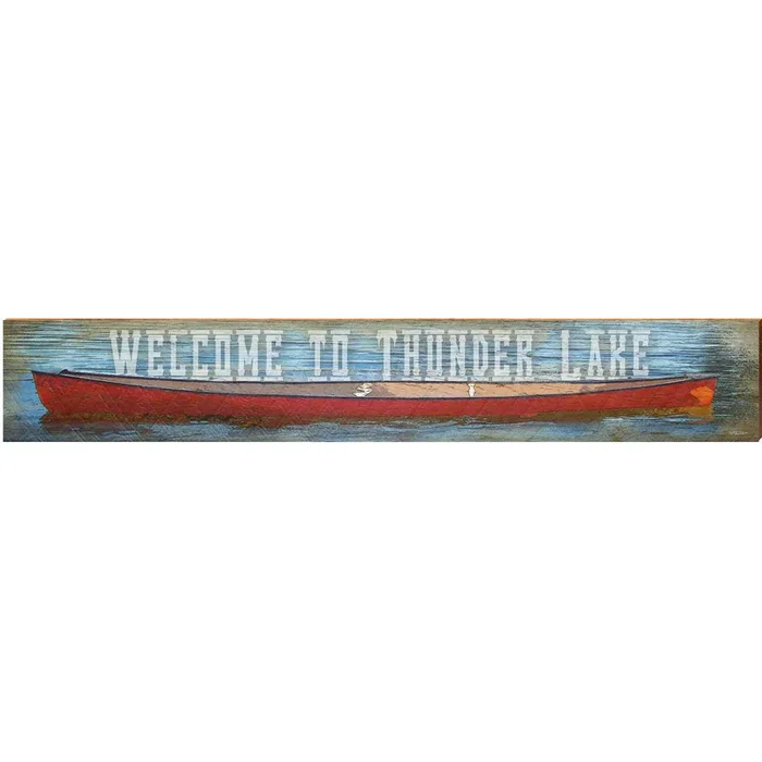 Welcome to Thunder Lake Red Canoe | Wall Art Print on Real Wood