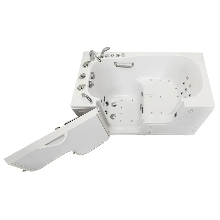 Wheelchair Transfer 60 in. Acrylic Walk-In Whirlpool and Air Bath Bathtub in White, Faucet, Heated Seat, Left Dual Drain