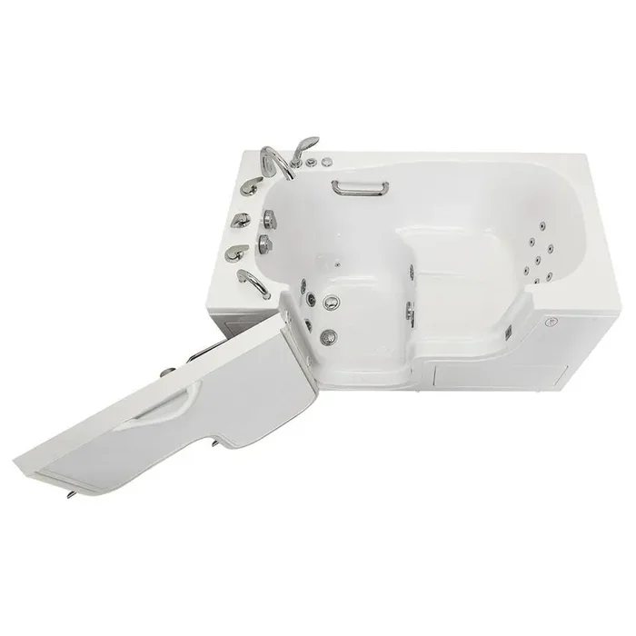 Wheelchair Transfer 60 in. Acrylic Walk-In Whirlpool Bathtub in White, Faucet Set, Heated Seat, Left 2 in. Dual Drain