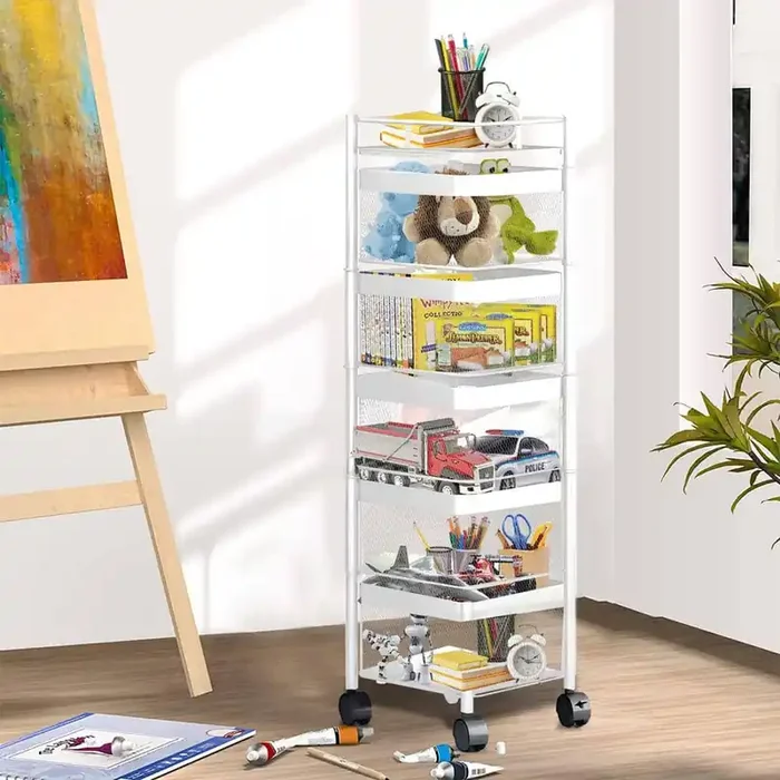 White 5 Tier 360° Rotating Metal Vegetable Storage Rack with Swing Out Shelves