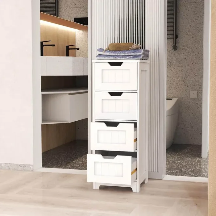 White Freestanding Storage Cabinet with 4 Drawers, Suitable for Bathroom, Living Room, Kitchen