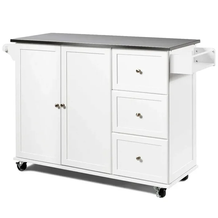 White Kitchen Island with 2-Door Storage Cabinet