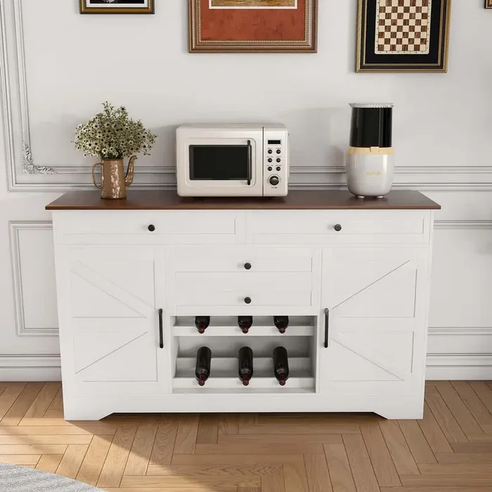 White Kitchen Pantry Cabinet with 4 Drawer, 2-Tier Wine Rack, Door Rack and Adjustable Shelves, Kitchen Island Cupboard