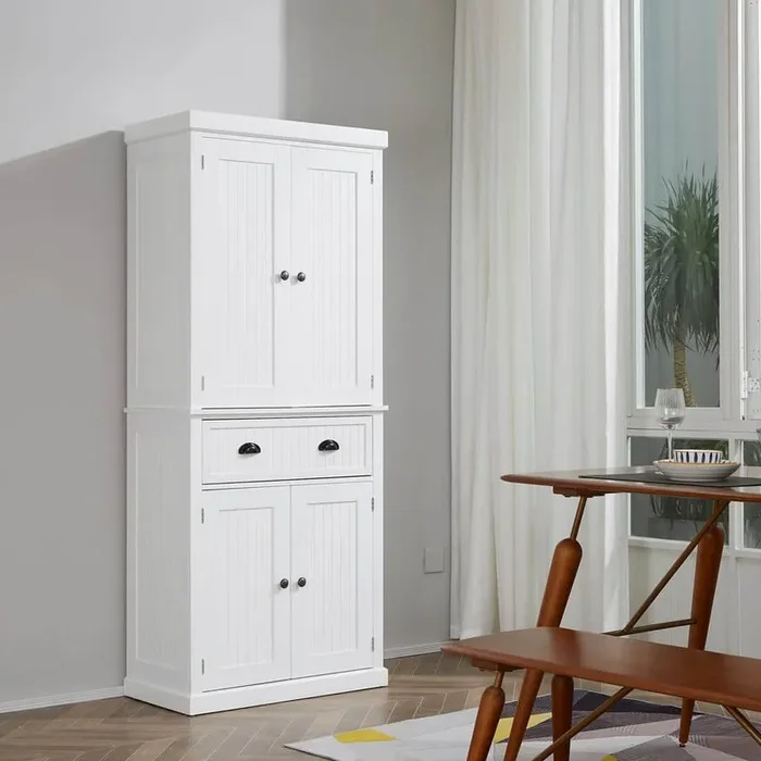 White Kitchen Pantry, Tall Storage Cabinet, Freestanding Cupboard with-Drawer, Doors and Adjustable Shelves